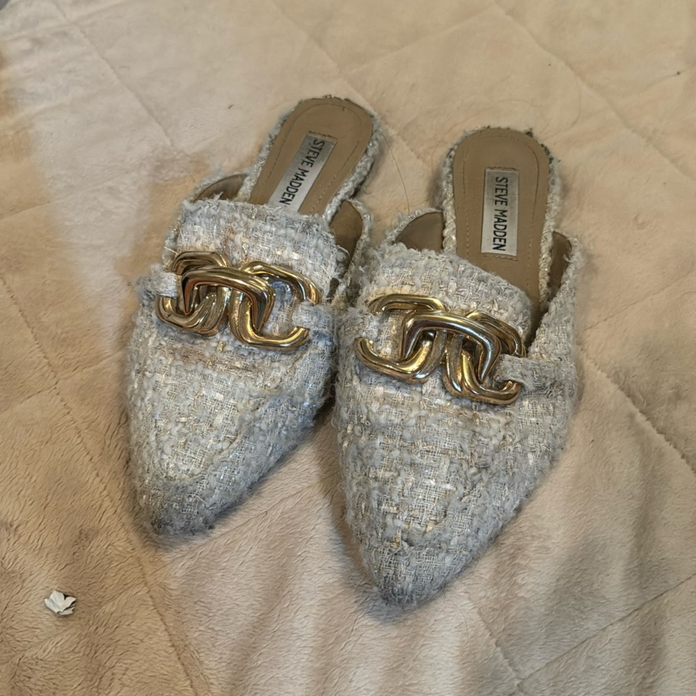 Steve Madden white tweed mules with gold buckles
